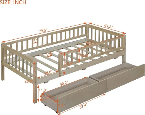 Miniatura 2 de DEINPPA Cama individual con cajones, sofá cama para niños con almacenamiento, marco de cama de madera con listones para niños, niños y niñas, natural