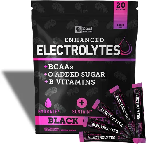 Paquetes de electrolitos mejorados en polvo (negro cereza | 20 paquetes) con 0 azúcar+BCAA + suplemento de electrolitos de vitaminas B con zinc de