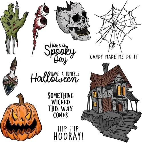 Miniatura 7 de Juego de sellos transparentes espeluznantes y troqueles de corte de metal con diseño de calavera de calabaza de Halloween con paquete de caja