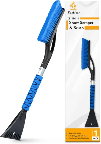 EcoNour Rascador de nieve y cepillo de coche de aluminio de 27" | Cabeza de cerdas entrelazadas con cuerpo de metal para rascador de hielo para