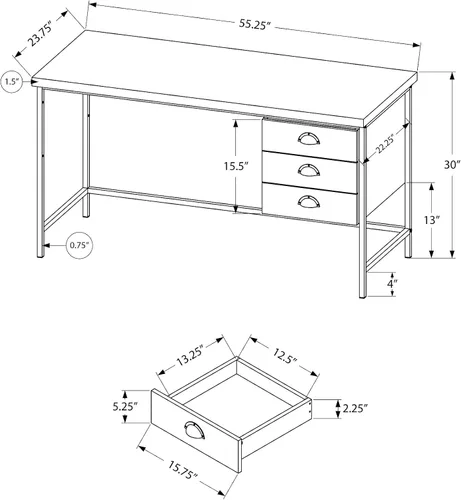Miniatura 3 de Monarch Specialties Escritorio industrial para computadora con 3 cajones, marco de metal, mesa de estudio rectangular para laptop, 55 pulgadas