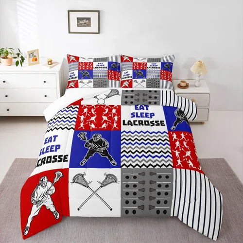 Miniatura 13 de Lacrosse - Juego de edredón de juegos deportivos para niños y niñas, jugadores de hockey, relleno de edredón ligero de hockey negro con llama