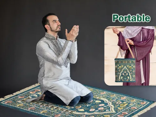 Miniatura 5 de Alfombra cuadrada de oración musulmana verde de 2 pies 4 pulgadas x 3 pies 7 pulgadas, con bolsas de diseño elegante, suave, antideslizante