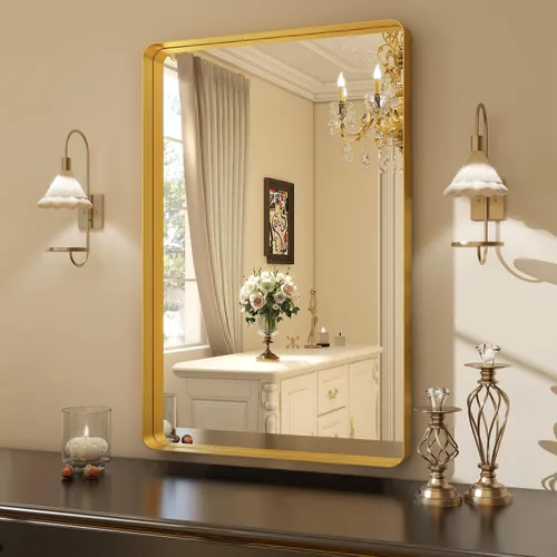 Miniatura 3 de Easly - Espejo de baño dorado de 30 x 22 pulgadas para pared, con marco de aleación de aluminio, espejo rectangular montado en la pared