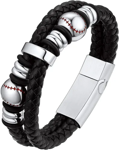 Bestyle Mens Leather Bracelet with Stainless Steel BaseballSoccer Bead Bracelets for Men,Fashion Leather Bracelets for Men, Size 7.58.3Inch