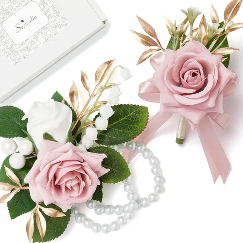 Serwalin Conjunto de Corsage y Boutonniere Rosa, Corsage y Boutonniere de Graduación, Conjunto de Flores de Boda, Accesorios de Homecoming,