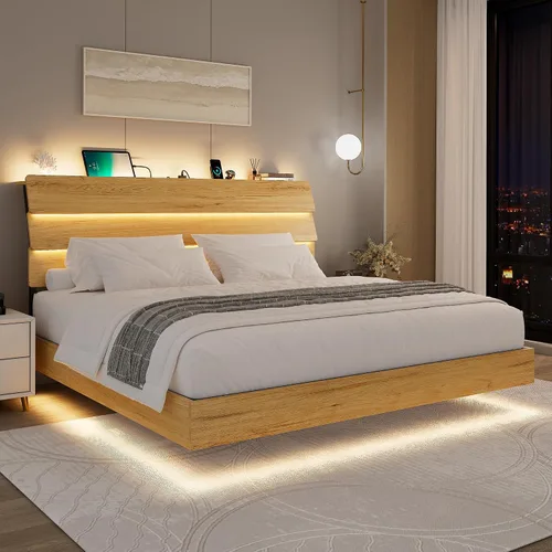 Miniatura 14 de Feonase Base de cama flotante tamaño Queen con luces LED y estación de carga, base de cama de madera tamaño Queen con cabecero de almacenamiento