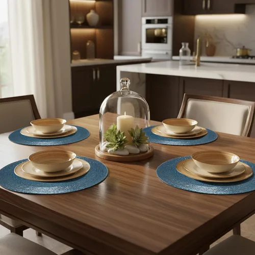 Miniatura 7 de Juego de 4 manteles individuales hechos a mano con cuentas azules de 13 pulgadas, hermoso y elegante tapete decorativo brillante para decoración