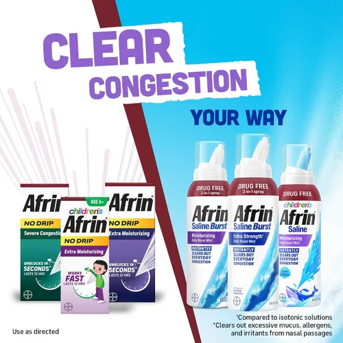 Miniatura 10 de Afrin Bruma salina hidratante para niños para congestión nasal diaria y nariz seca, espray salino isotónico de agua de mar para bebés de más de 6