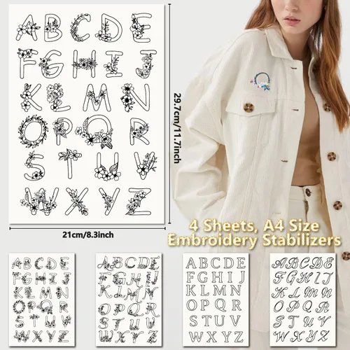 Miniatura 2 de CRASPIRE 4 hojas de 104 piezas de letras A-Z solubles en agua, patrones de bordado, estabilizadores del alfabeto, palo de coser a mano y puntada