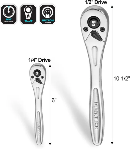 Miniatura 2 de DURATECH Mango de trinquete de 1/4, llave de enchufe de 90 dientes, llave de trinquete reversible, liberación rápida