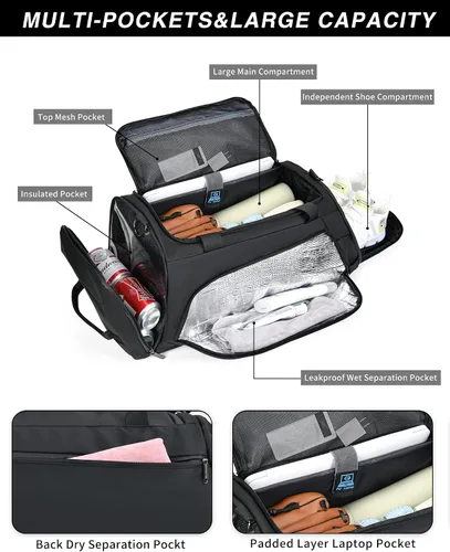 Miniatura 2 de Bolsa de gimnasio impermeable para hombres y mujeres, bolsa de lona convertible grande de 50 L, mochila y bolsa de hombro para viajes, fin