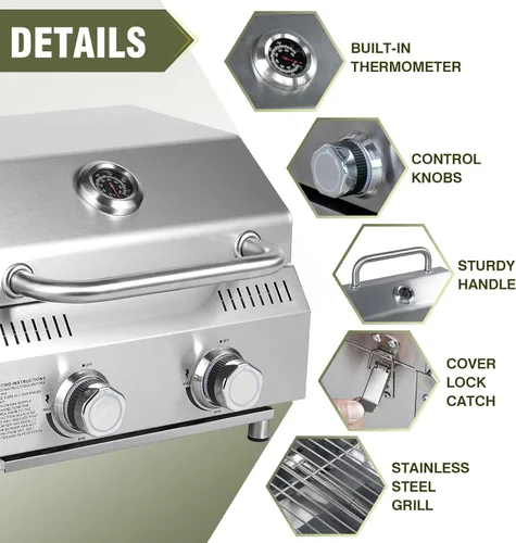 Miniatura 2 de Bestfire - Parrilla de gas propano de mesa, 2 quemadores, 20,000 BTU Parrilla de propano portátil de acero inoxidable con patas para patio al aire