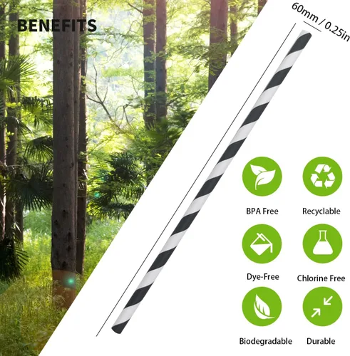 Miniatura 5 de Pajitas de papel a rayas blancas y negras, 100% biodegradables y compostables pajitas de beber a rayas negras para suministros de fiesta