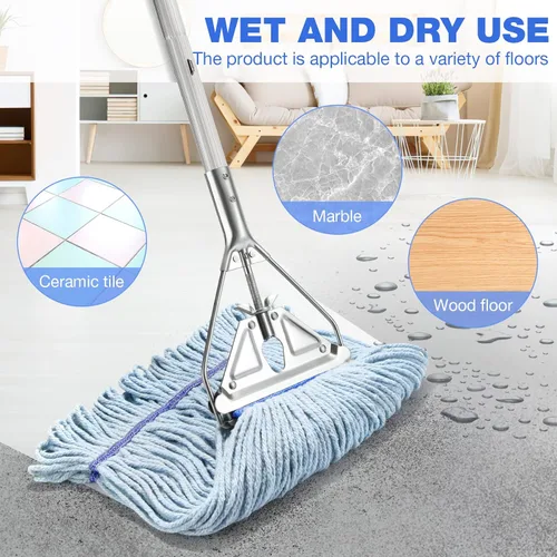 Miniatura 2 de Trapeador de Cuerda Resistente para Limpieza de Pisos - Trapeador Húmedo Industrial Comercial con Mango de 59 Pulgadas para Limpieza de Hogar, Azul