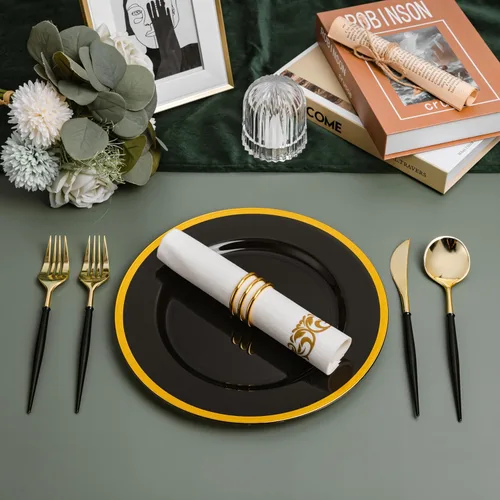 Miniatura 6 de N9R Juego de cubiertos de plástico dorado - 90 piezas con mango negro - Cubiertos de plástico elegantes, resistentes - 30 cucharas, 30 tenedores, 30