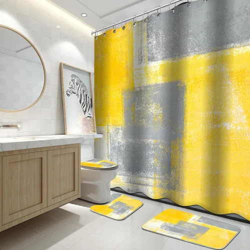 Miniatura 28 de Lnond 4 Piezas Juegos de Cortinas de Ducha de Baño Moradas con Alfombras, Arte de Pintura Púrpura y Gris Juegos de Baño con Cortina de Ducha