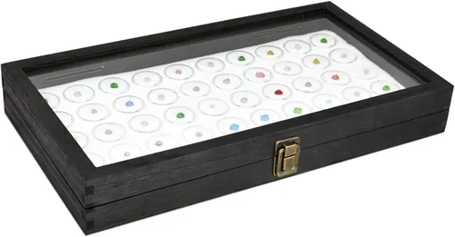 MOOCA Caja de exhibición de joyería negra con tapa de cristal, 50 frascos de gemas, caja de anillos, organizador de joyas, almacenamiento de tarros