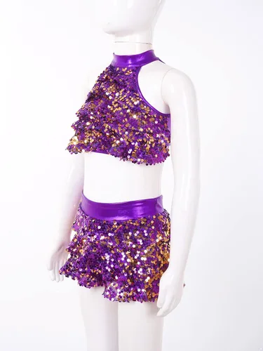 Miniatura 73 de JEATHA Top corto con borlas y lentejuelas brillantes para niñas, con minifalda, jazz latino, salsa, samba, rumba, baile