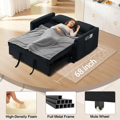 Miniatura 6 de CAPCAEK - Sofá cama convertible 3 en 1, sofá biplaza de terciopelo moderno con cama extraíble, sofá de salón pequeño con respaldo reclinable, negro
