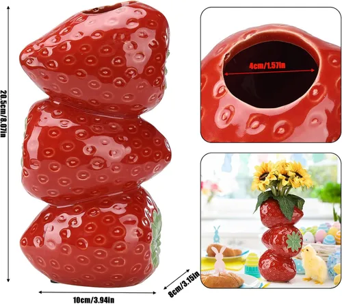 Miniatura 6 de Firlar Florero de cerámica con diseño de fresas para flores, decorativo, moderno, rosa, redondo, 4 x 3 x 8 pulgadas, boda, Navidad, regalo del día