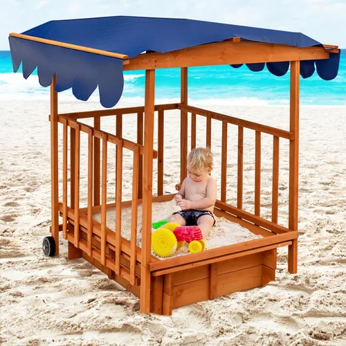 Miniatura 8 de Costzon Caja de Arena Retráctil para Niños con Toldo, Casa de Juegos Cabaña de Madera de Cedro con Área de Juego Grande, Ruedas Traseras