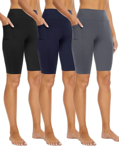 Paquete de 3 pantalones cortos de motociclista con bolsillos para mujer, cintura alta de 85 pulgadas, pantalones cortos de elastano para