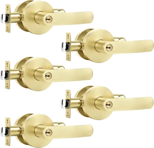 Miniatura 16 de Leydebong Paquete de 10 manijas de puerta de entrada de color dorado claro (con llave similar), perillas de puerta interior resistentes, cerraduras