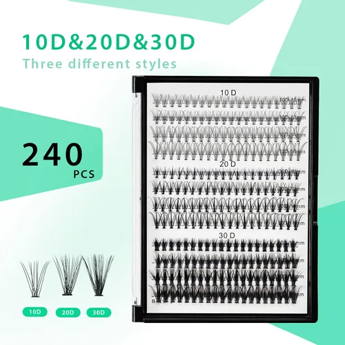 Miniatura 2 de Bodermincer Extensión de pestañas 240 unidades, rizado D, 10D+20D+30D, 10-16 mm/12-18 mm mezclado, racimo individual de pestañas postizas
