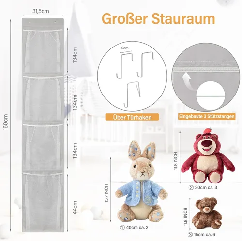 Miniatura 3 de Woodoulogy Almacenamiento de animales de peluche sobre la puerta, organizador de juguetes colgantes, muñeco de peluche y oso para bebé, idea