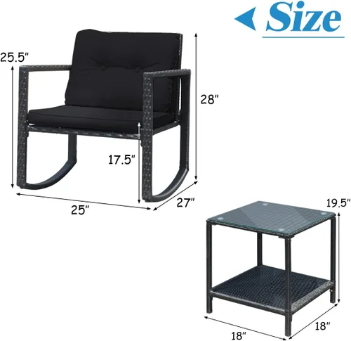 Miniatura 7 de RELAX4LIFE Juego de sillas mecedoras para exteriores, juego de 3 piezas de mimbre de polietileno con mesa de cojines y estante de almacenamiento