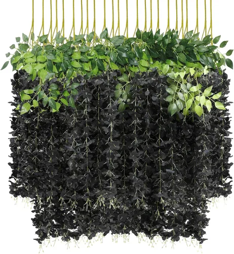 U'Artlines - Paquete de 24 (Total 86.4 pies) Guirnaldas colgantes de vid artificial tipo glicinia y ratán, flores de seda para decorar fiesta, Negro