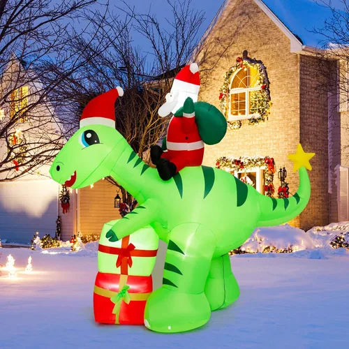 Miniatura 12 de Tangkula Mordedura inflable de dinosaurio de Navidad iluminada de 6 pies, caja de regalo, decoración inflable de Navidad con luces LED y caja