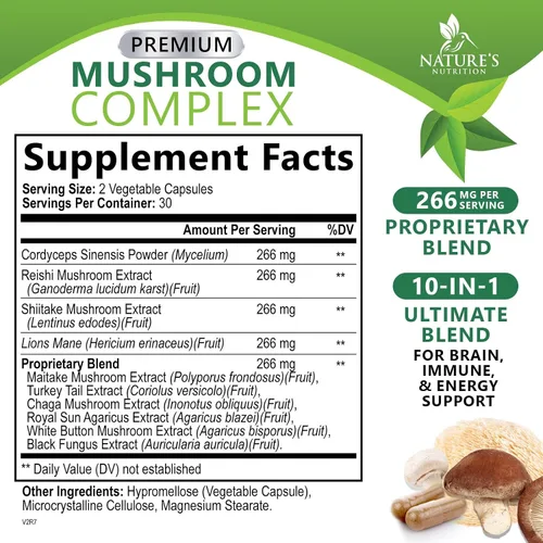 Miniatura 2 de Suplemento cerebral de hongos 10 en 1 mezcla – Complejo de hongos de alta resistencia con melena de león, cola de pavo, reishi, cordyceps, chaga