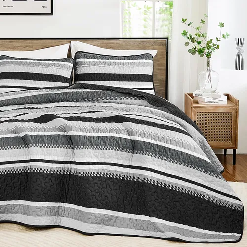 Miniatura 9 de WONGS BEDDING Juego de Edredón Full, Juego de Colcha y Cubrecama de 3 Piezas a Rayas Negras, Edredones Ligeros de Verano Tamaño Full para Cama