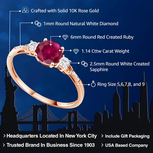 Miniatura 95 de Gem Stone King Anillo de compromiso de 3 piedras preciosas redondas de oro rosa de 10 quilates, 0.236 in, piedra natal, zafiro blanco y diamante