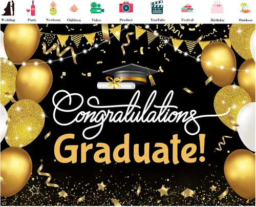 Miniatura 2 de Telón de fondo de graduación de 5 x 3 pies para sesión de fotos, globos negros y dorados, felicitaciones, graduados, clase de 2025, felicitaciones
