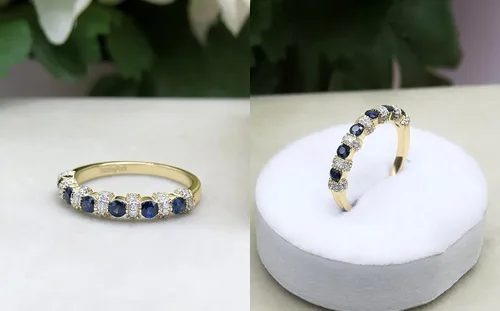 Miniatura 3 de Anillo de boda apilable de oro de 14 quilates con zafiro azul y diamante blanco, Piedra Oro, Zafiro