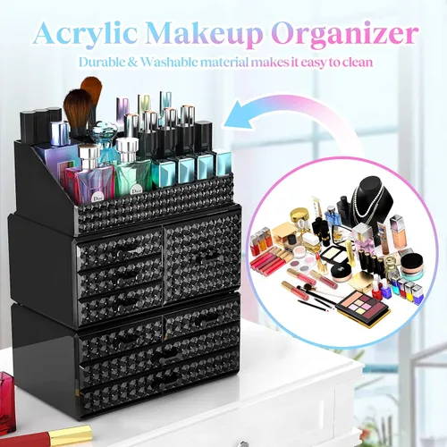 Miniatura 7 de Paquete de 3 organizadores de maquillaje apilables [actualizados], estuches de almacenamiento de cosméticos acrílicos con 8 cajones organizadores