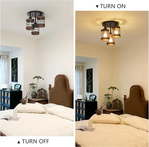Miniatura 2 de PAUFUL Lámpara de techo semiempotrada, lámpara de araña de granja de 3 luces para montaje en techo, lámparas negras para pasillo con pantalla