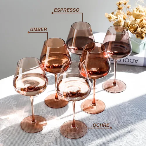 Miniatura 4 de Juego de copas de vino Physkoa Venus de 6 - 532ml Copas de vino ámbar sopladas a mano con tallo, copas de vino de color melanina única, cristalería