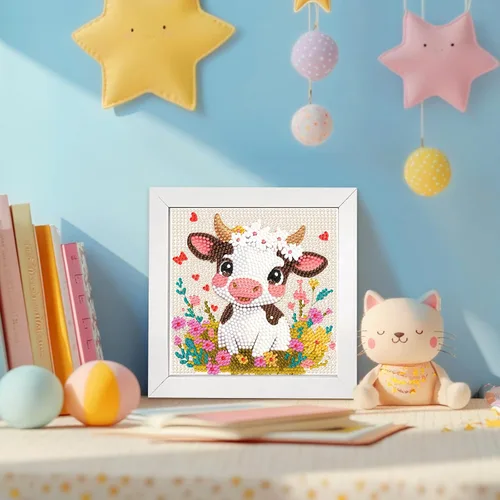Miniatura 3 de QUITEDEW Kit de pintura de diamante de vaca con marco de madera, arte de diamantes de animales para principiantes, paquete pequeño y hermoso
