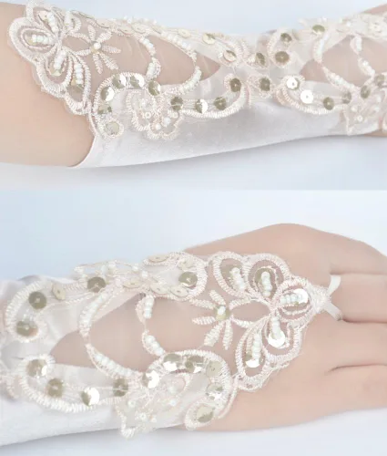Miniatura 6 de JISEN Guantes de satén sin dedos de los años 20 para mujer, para banquete, fiesta, elegante, con encaje, bordados, para novia, 11 pulgadas