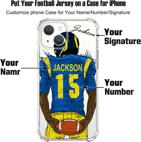 Miniatura 2 de Funda de fútbol personalizada con nombre y número transparente para iPhone 17 Pro Max 16 15 Plus 14 13 Mini 12 11 Xs Max Xr SE3, con 4 esquinas a