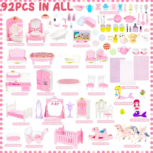 Miniatura 2 de Juego de muebles en miniatura de 92 piezas, accesorios de mini muebles de plástico para dormitorio, sala de estar, baño, cocina, kit de casa pequeña