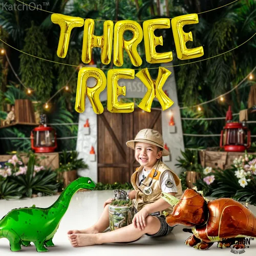 Miniatura 2 de Katchon, Enormes globos dorados de tres Rex – 16 pulgadas Tres decoraciones de cumpleaños Rex para niño Decoraciones de cumpleaños de dinosaurio