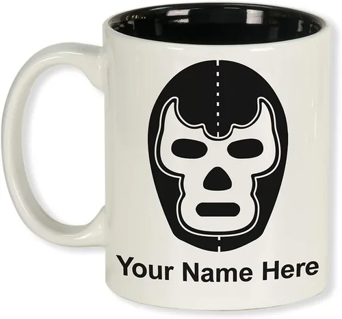 Miniatura 12 de LaserGram Taza de café redonda de cerámica de 11 oz, máscara de Luchador, grabado personalizado incluido (negro)
