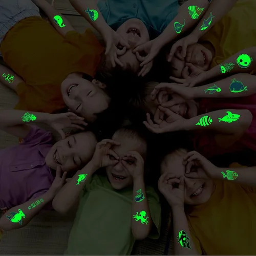 Miniatura 5 de Partywind Tatuajes temporales luminosos de tiburón para niños, tiburones brillantes y océanos, decoraciones de cumpleaños, suministros de fiesta