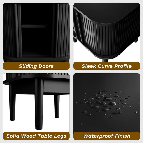 Miniatura 4 de Juego de 2 mesitas de noche estriadas con puertas correderas, moderna mesita de noche con patas de madera maciza, mesita de noche de madera