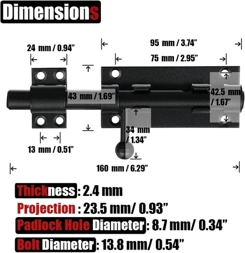 Miniatura 2 de JQK Pestillo de puerta de perno deslizante negro, 6.3 pulgadas (grosor 0.094 in) Perno de barril de acero inoxidable 304 resistente con orificio